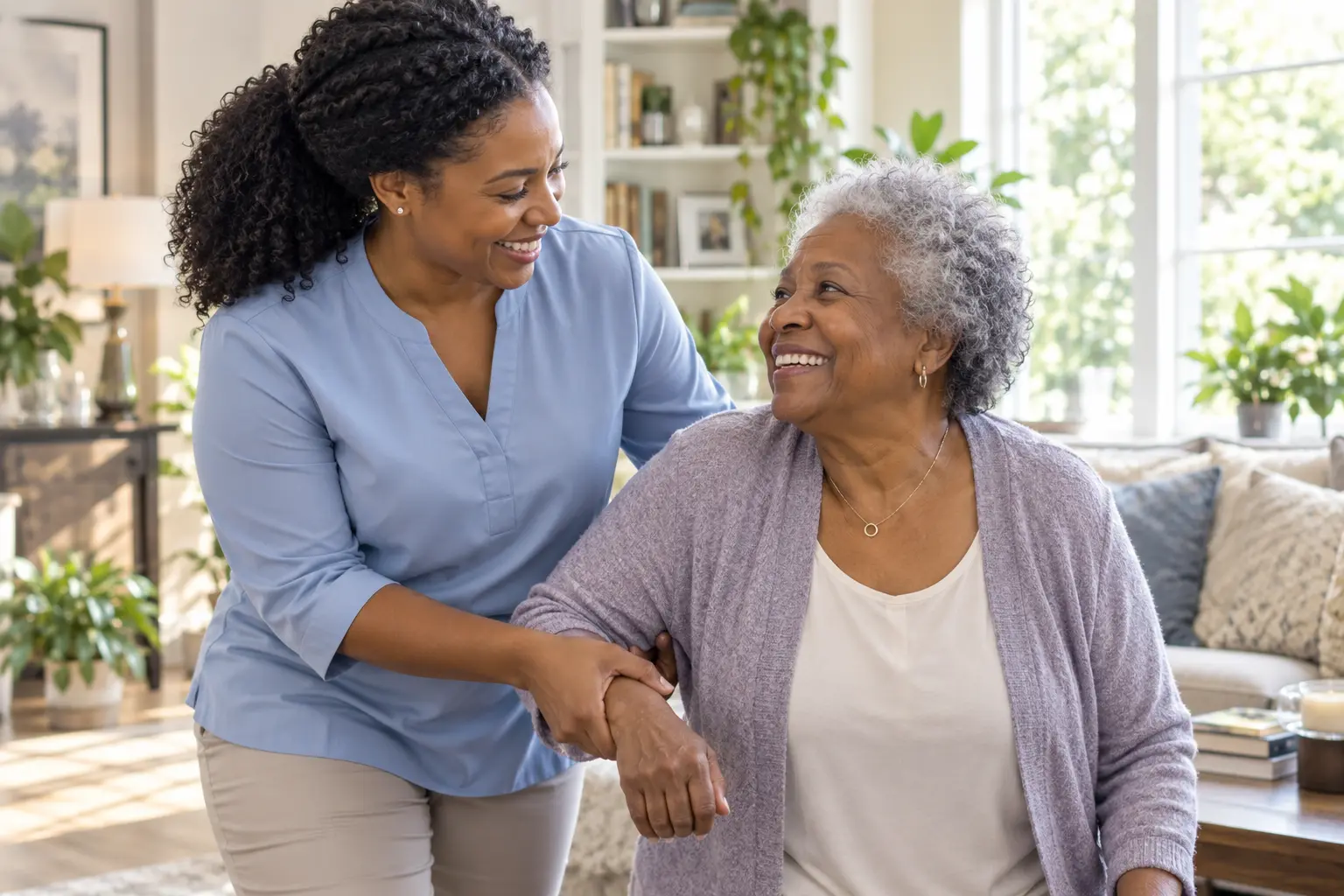 A Tender Heart caregiver sharing a warm moment with an elderly client