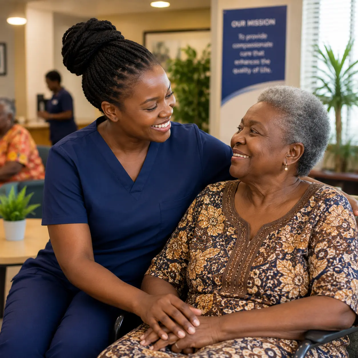 A Tender Heart caregiver and client sharing a warm conversation at home