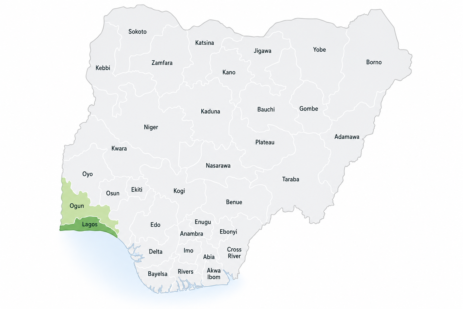 Map of Nigeria highlighting Tender Heart Care Solution's coverage areas: Lagos, Abuja, Ogun, Oyo, and Rivers