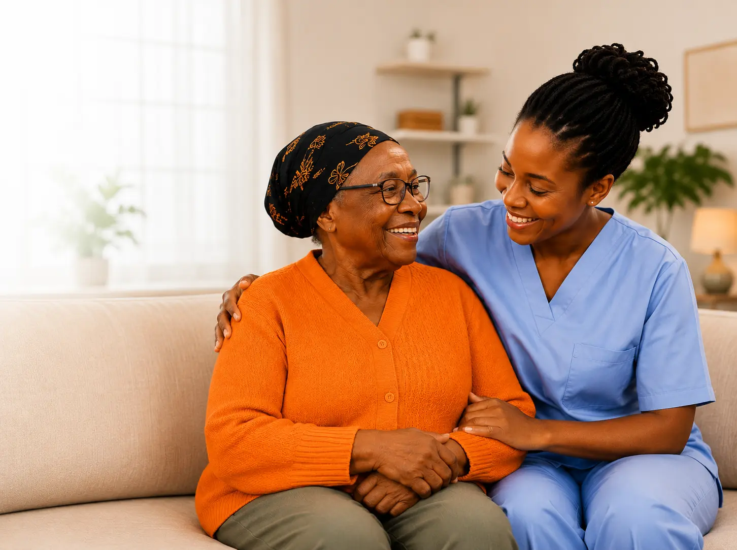 A caregiver smiling warmly alongside an elderly woman at home