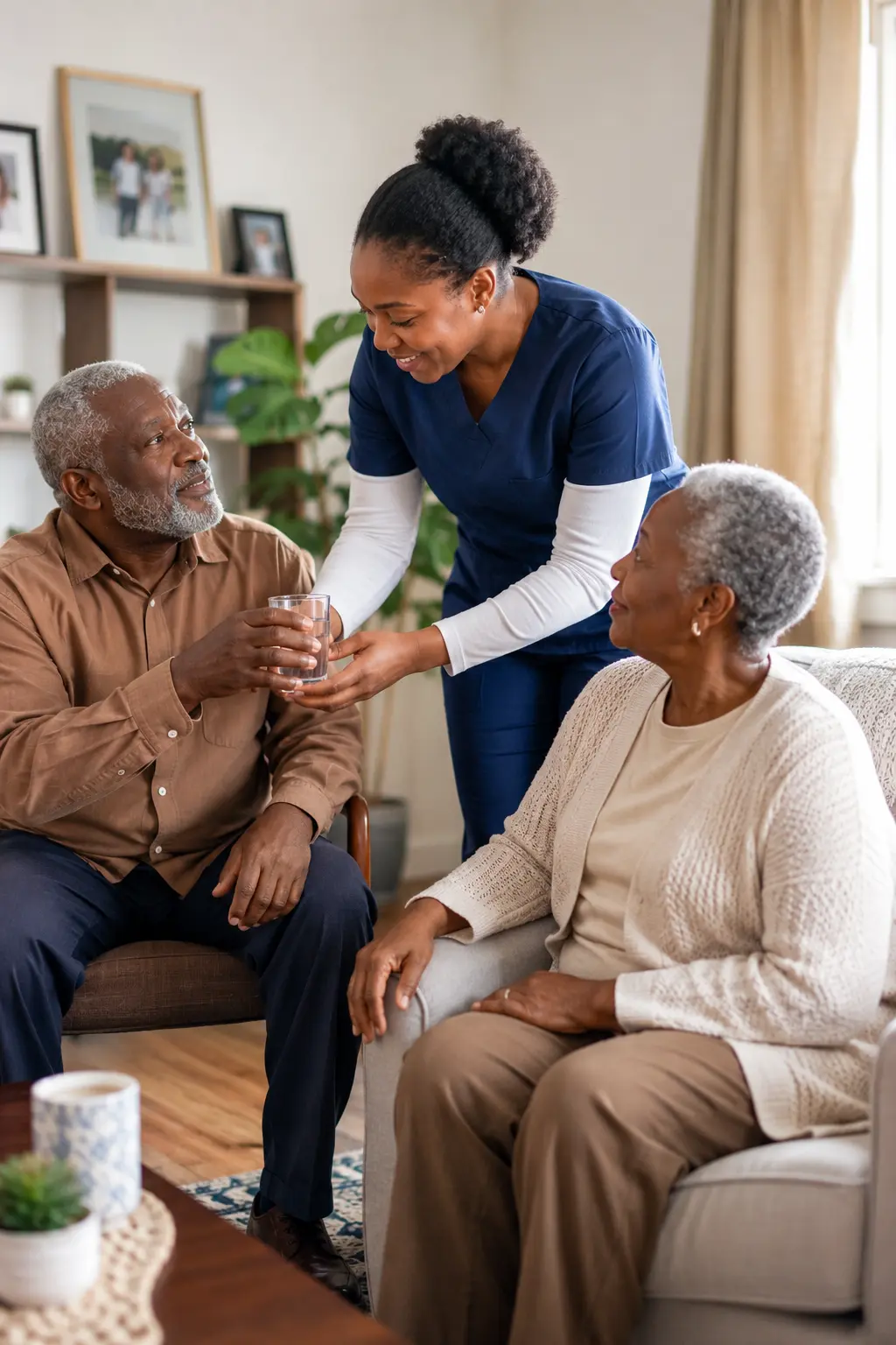 A caregiver assisting an elderly man at home