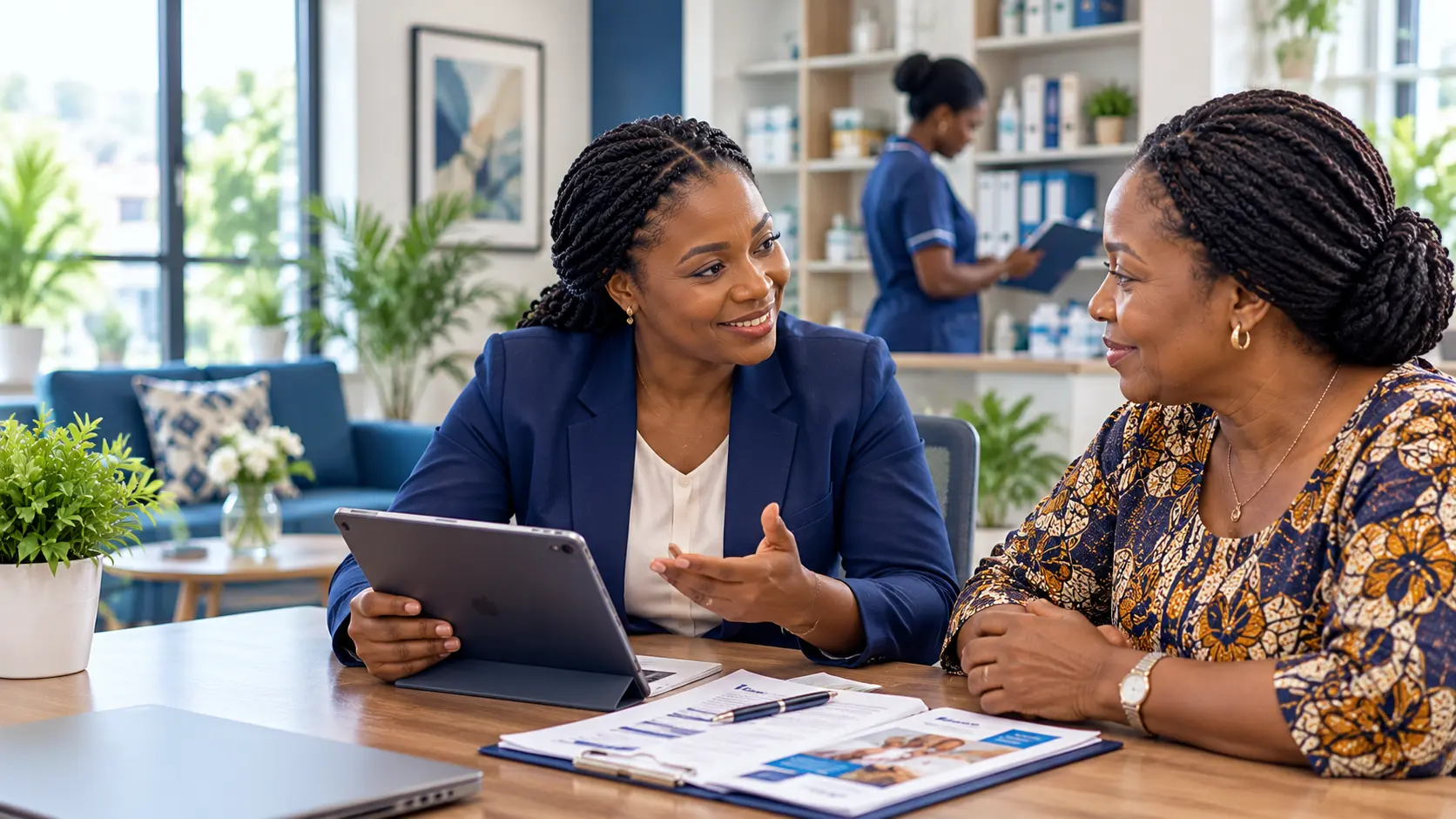 A caregiver assisting an elderly woman while other residents socialize in a bright, comfortable care setting